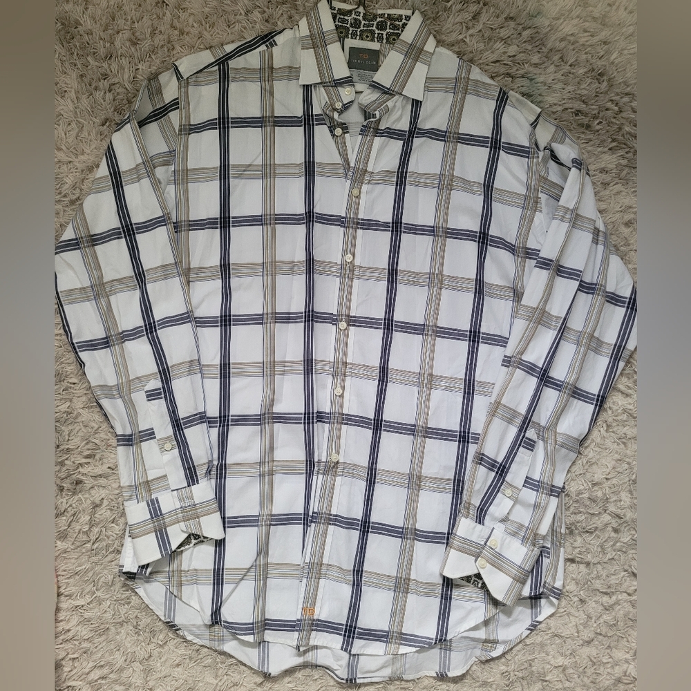 Thomas Dean Navy and Beige Checkered Shirt